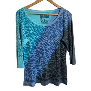 GLIMA Top Womens L Blue Zebra Animal Print 3/4 Sleeve 100% Cotton Scoop Neck